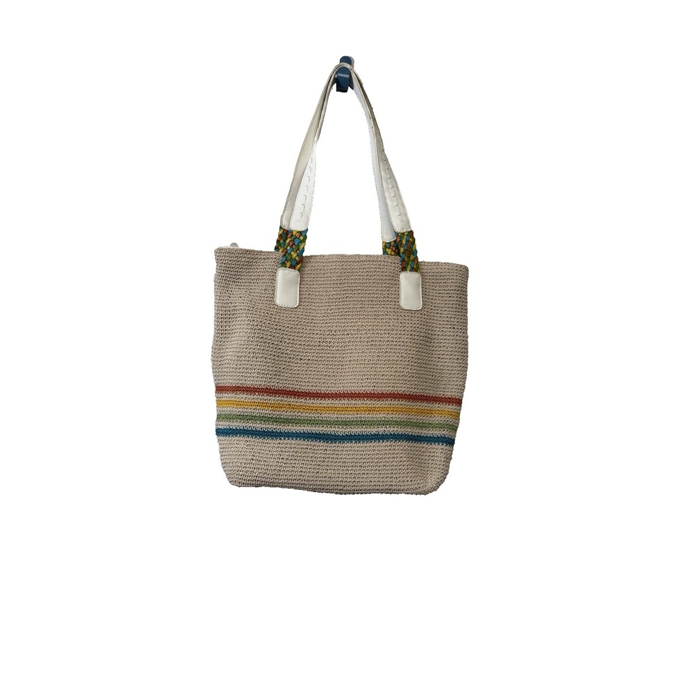 Jaclyn Smith Crochet Shoulder Bag Pre Owned Stripe White Strap Beige 15x12